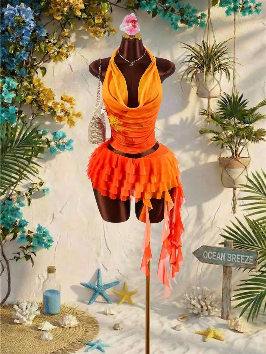 Women's Plunging V Neck Top & Layered Mesh Ruffle Skirt 2 Piece Set Tropical Beach Vacation Outfit