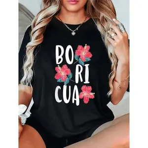 Poriku Flower Latin American Puerto Rican Print Womens Crew Neck Short Sleeve T-Shirt