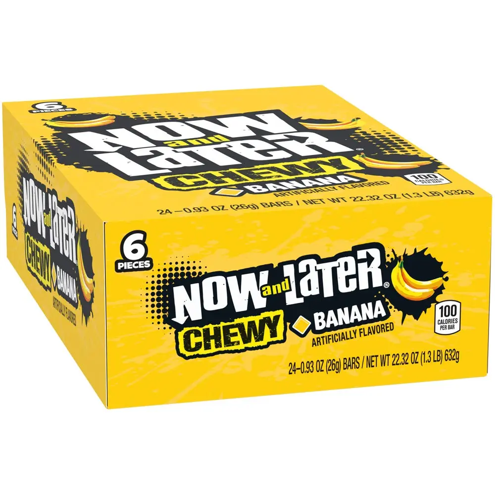 Now and Later, Banana, Original Taffy Chews Candy, 0.93 Bar, 22.32 Ounce (Pack of 24) Snack Bite Flavor Artificial Fruit Chewy Sweet Flavored
