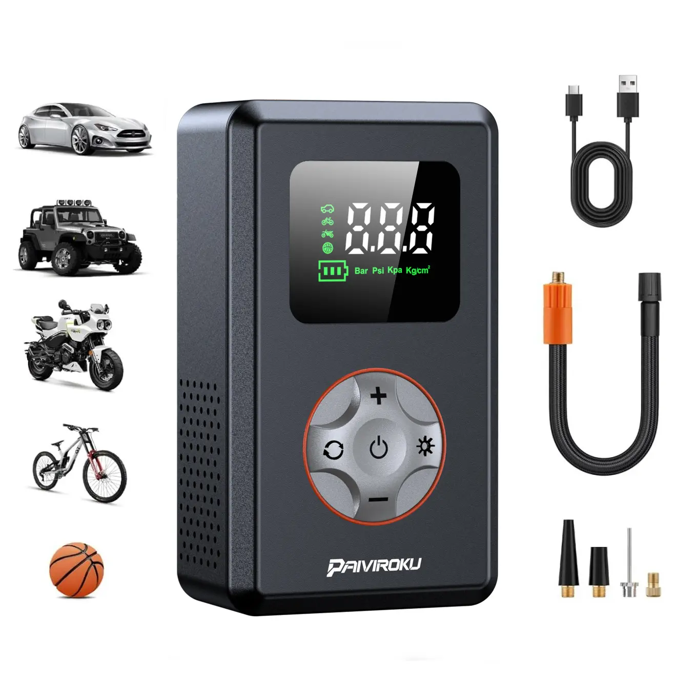 【YL01】3-in-1 Tire Inflator Portable Air Compressor, 150 PSI Cordless Air Pump for Car Tires with Digital Pressure Gauge, LED Light & Auto Shut-Off, 5X Fast Inflation for Car, Motorcycle, Bicycle, Ball