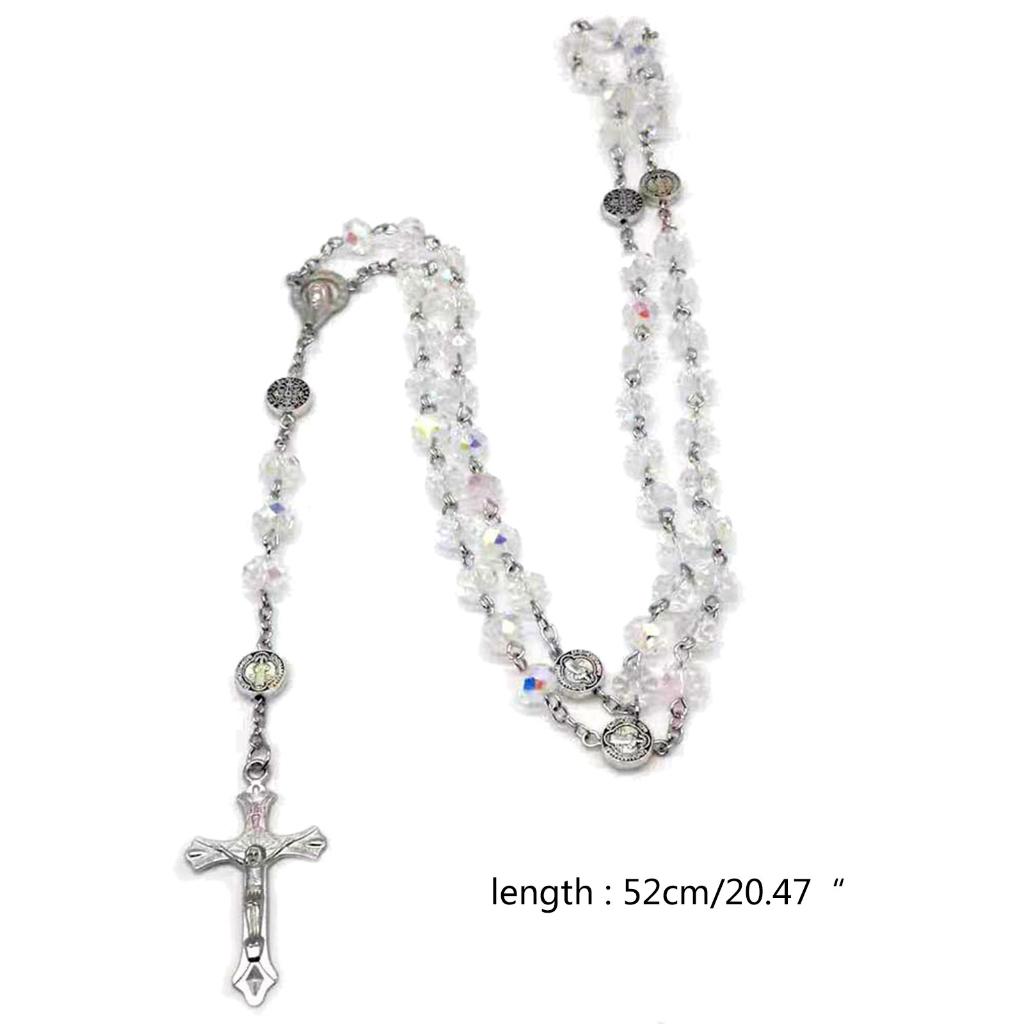 Rosary Beads Catholic Necklace for Women Men Crucifix Cross Charm Long Chain