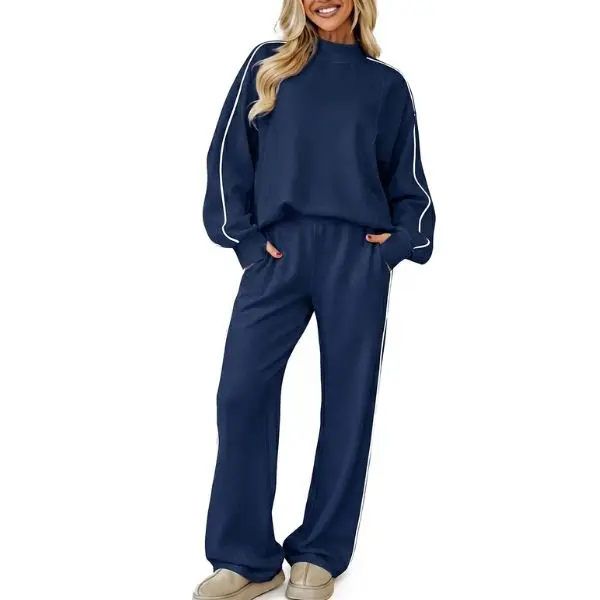 Fisoew Women's 2-Piece Ribbed Mock Neck Tracksuit - Thin Elastic Side Stripe Sweatshirt, High Waist Ribbed Wide Leg Bottom, Oversized Long Sleeve Casual Loungewear Set (Chocolate Option Available), Navy, Comfortable, Loose, Pockets, Matching Sets For Wome