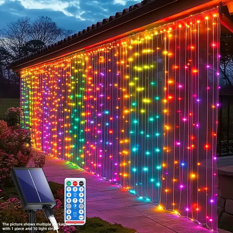 Solar Powered Curtain Light, 300LED Waterproof LED String Light with Remote Control, Outdoor Decorative Light for Home Garden Party Wedding, Garden Decorations, Color Changing Lighting, Outdoor Twinkle Lights, Backyard String Lights