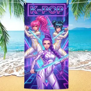 Cyberpunk Digital Art KPop Trio Microfiber Beach Towel Women Warriors Swords Futuristic Neon City Sand Free Quick Dry Towel