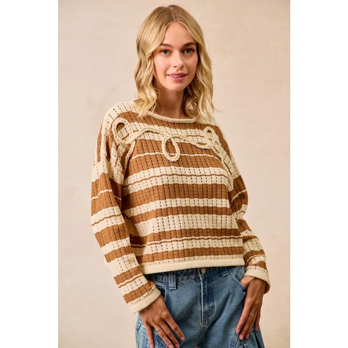 BiBi Striped Open Knit Sweater Top with Front Braided Detail