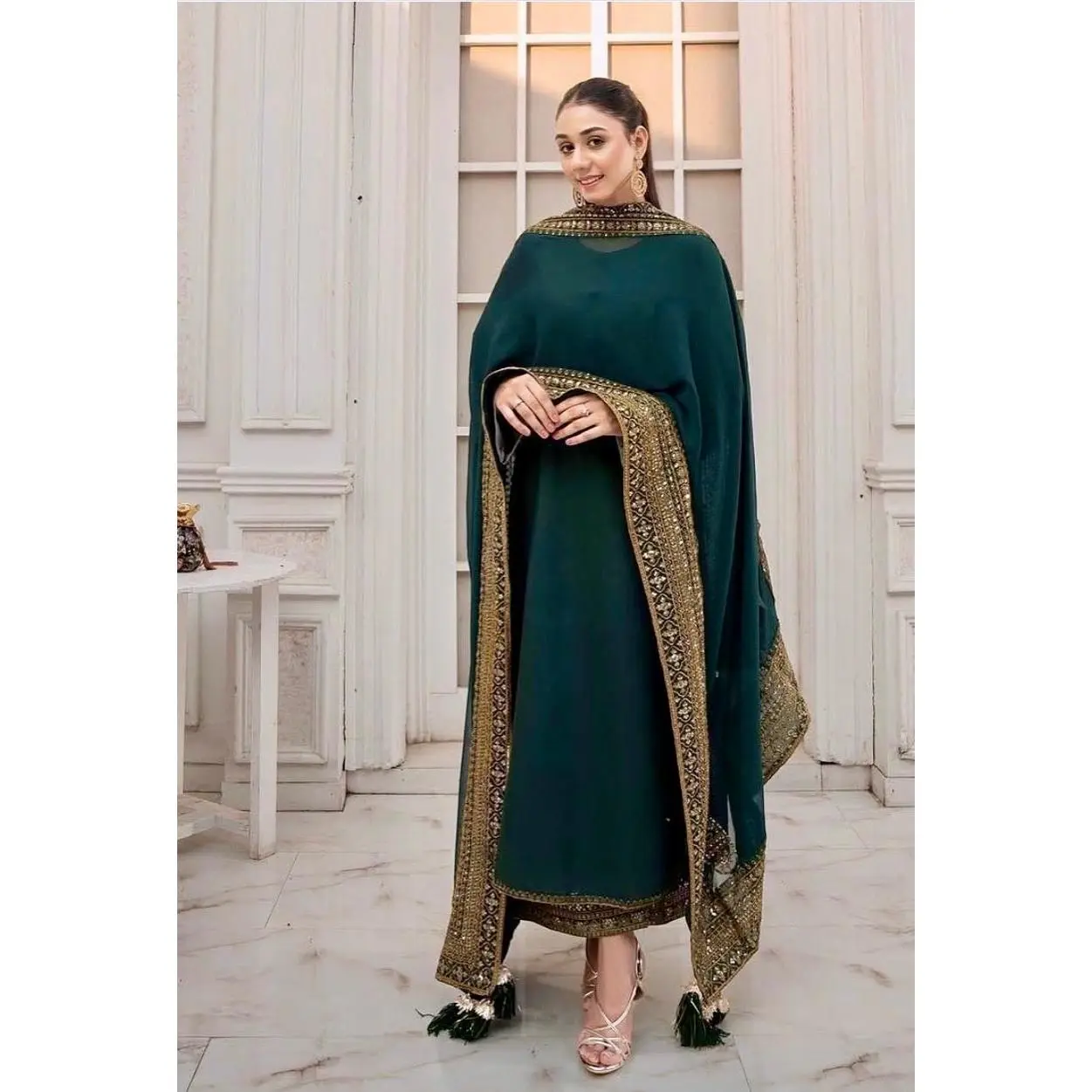 Designer Silk Suit Set - Fully Stitched Kurta with Moti Detail, Full Length 41 Inches Pants and Dupatta for Party Wear, Size M, Crepe, Embroidery Detailing With Elastic Waist, Kurta Pants Set, 2.2 Meters