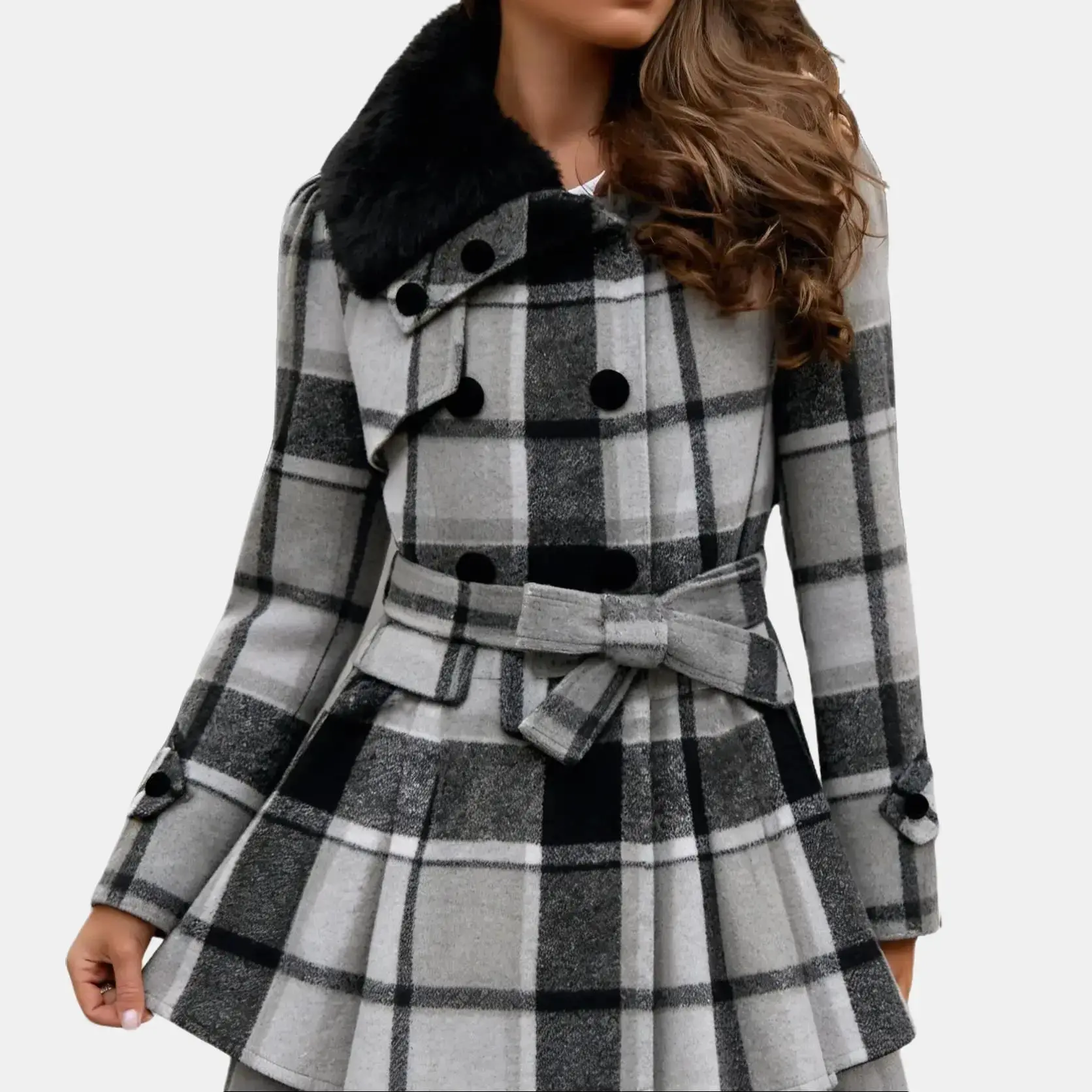 Zeagoo Women's Elegant Fitted Faux Fur Lapel Double-Breasted Thick Wool Trench Coat, 2025 New Casual Lady's Adjustable Winter Warm Jacket