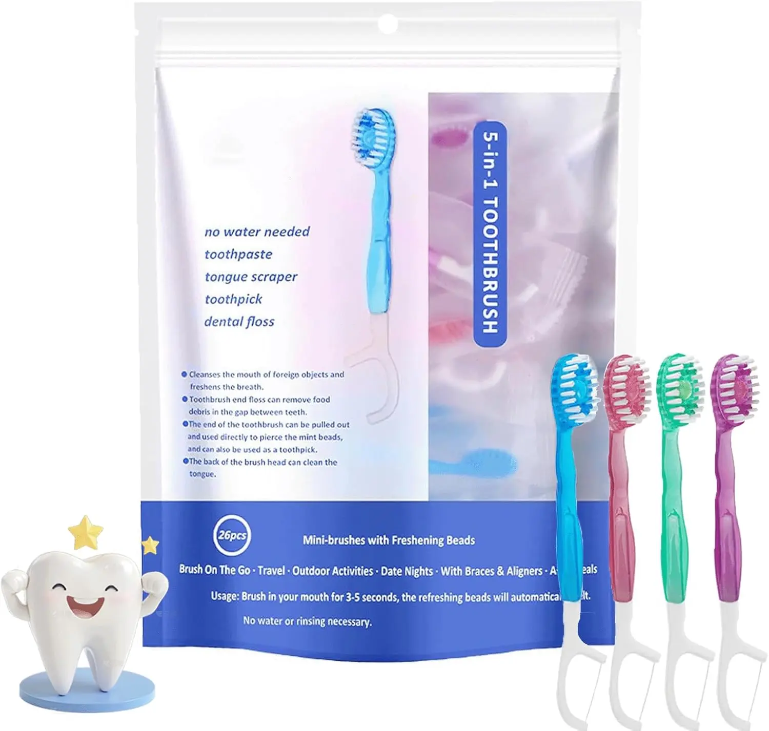 【tialexa】Mini Disposable Toothbrush Set, 26 Count 5-in-1 Oral Care Kit with Peppermint Sugar-Free Mint Beads for Clean Care, Portable for Travel & Work