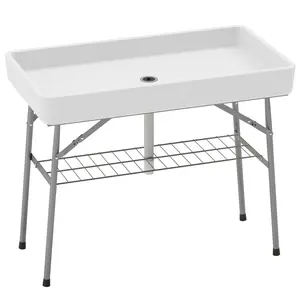 3.4ft Folding Ice Cooler Table with Drain, Fill and Chill Table Outdoor Table Cooler with Storage Shelf, Drink Cooler for Parties Picnic BBQ Camping Wedding, White