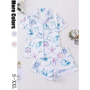 Women's Bow Print Pajama Set, Short Sleeve Shirt Collar Button Soft Top & Elastic Shorts, Casual Home Wear Sleepwear