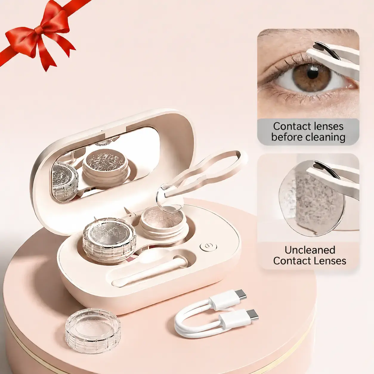 Ultrasonic Contact Lens Cleaner for Daily Deep Clean, Portable Leak Proof Storage Case & Kit with Built-in Mirror, Pink Travel Gift Set, Plastic, Lens Care