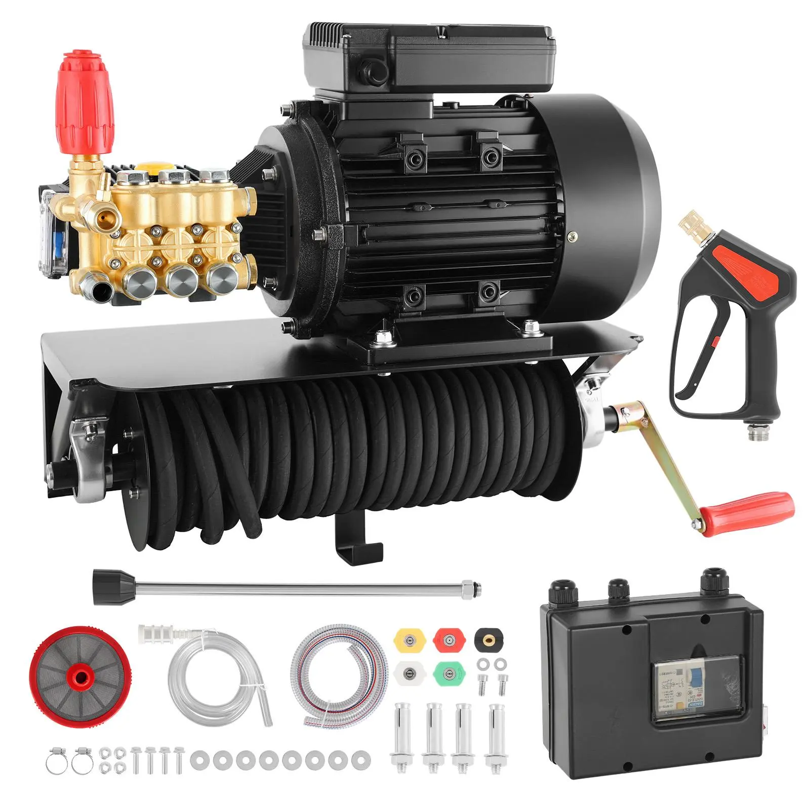 【Summerfinds】VEVOR Heavy Duty Rust-Resistant Brass Triplex Electric Pressure Washer Pump Full Set, 1950 PSI, 3.2 GPM, 5 HP 240V Motor, Wall Mount Bracket, Spray Gun, Wand, Hose, 5 Nozzles, Easy Upgrade, Cleans Cars, Driveways, Outdoor Equipment, Tackle