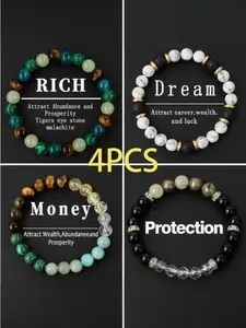 4-Piece Crystal Bracelets for Women and Men, Money Attraction Bracelet, Luck Bracelets Healing Protection Jewelry for Banquet Party, Encouragement Gift for Her, Beaded Bracelet Set, Jewelry Gifts