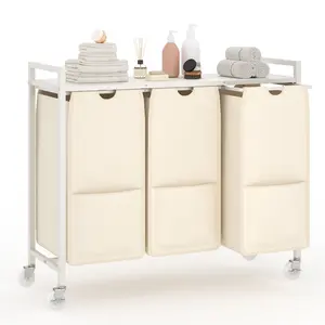 Laundry Hamper with Shelf, Laundry Sorter with 3 Pull-Out Removable Bags, Rolling 3 Section Removable Pull-Out Fabric Bags Hamper Basket, Sturdy Rustic Brown Black Iron Organizer for Room Organization