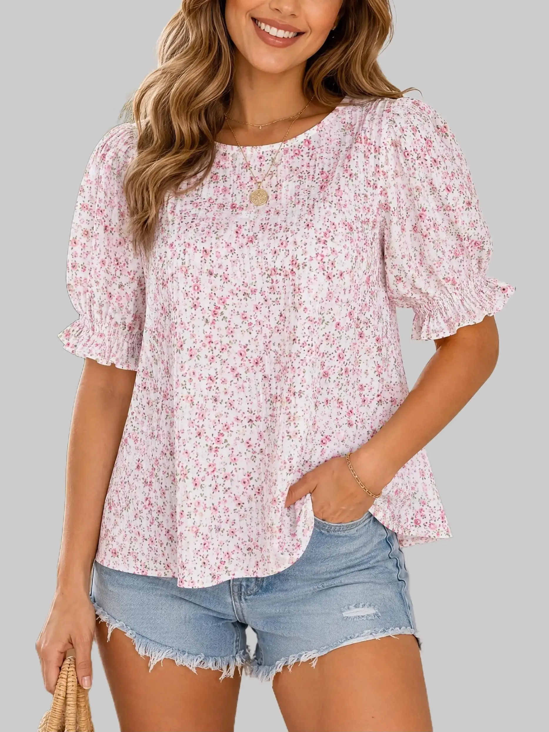 ZEAGOO Women's Bohemian Floral Print Blouse, Round Neck Dressy Casual Smocked Babydoll Top with Puff Short Sleeves, Lightweight, Shortsleeve,back to school,back to school shopping, Lightweight To Wear