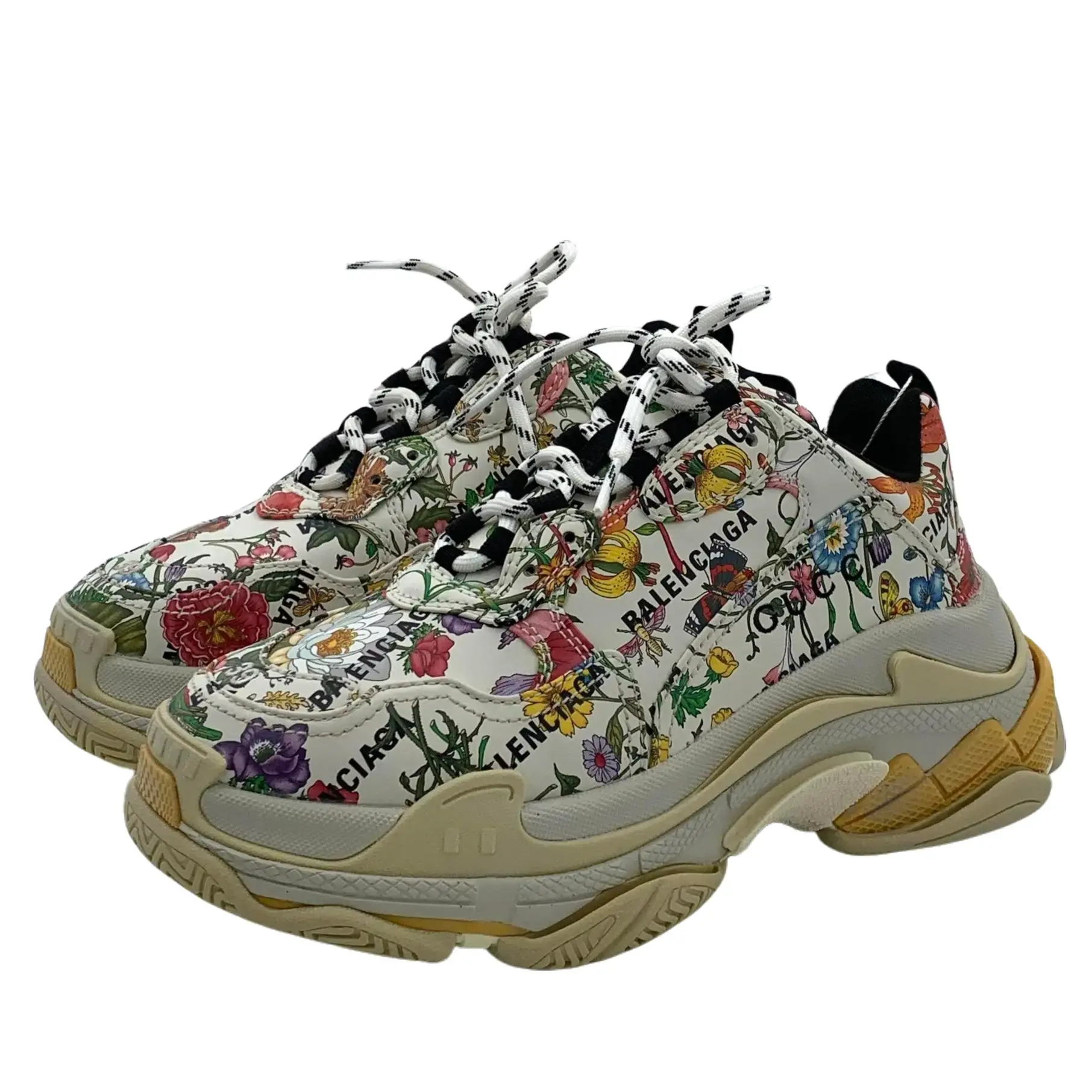 RDLT-Gucci Size 39 XBalenciaga Co-branded Multicolor Floral Letter All Over Print Lace-Up Sneakers-H36368