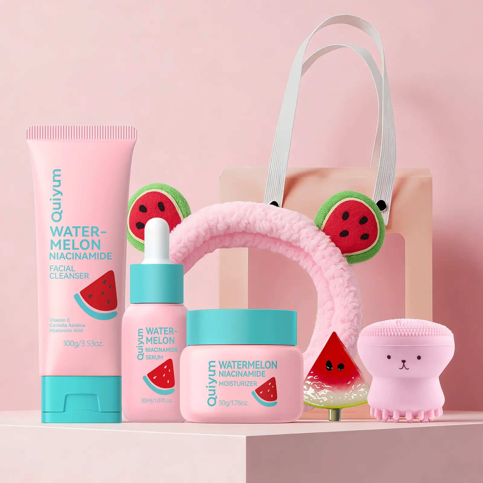 QUIYUM Watermelon & Niacinamide Skincare Heroes, Beauty Gift Set 7 Pcs | Skin Care with Cleanser, Moisturizer, Serum, Bandeau, Hairpin Suit, Octopus Brush, Facial Juicy Glow Up Set with Gift Bag, for All Skin Types