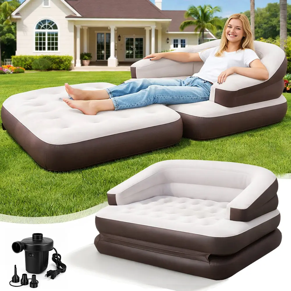 5-in-1 Inflatable Air Mattress with Electric Pump, Foldable Air Couch & Bed for Summer Camping, Tent, Garden, Beach, Guests, Group Gatherings
