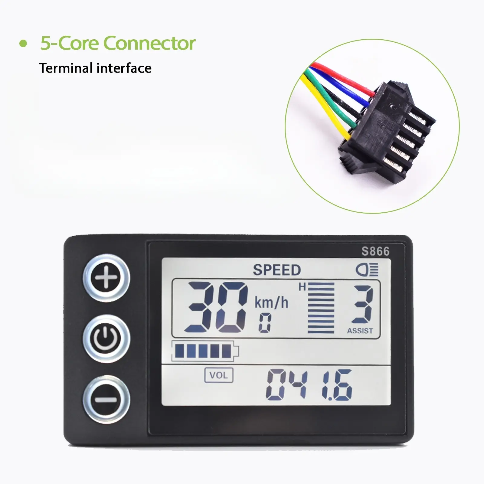 S866 Sm5pin Electric Bicycle Digital Display E-Scooter Cable Computer Speedometer Bike Computer Waterproof Controller Connection, Uart 2 Protocol Only