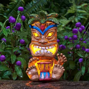 Outdoor Solar Power Light Tiki Statue Decoration Waterproof 10.43 Inch Tall Totem Pole Figurines for Garden Patio Balcony Yard Lawn Ornament Tiki Bar Decor