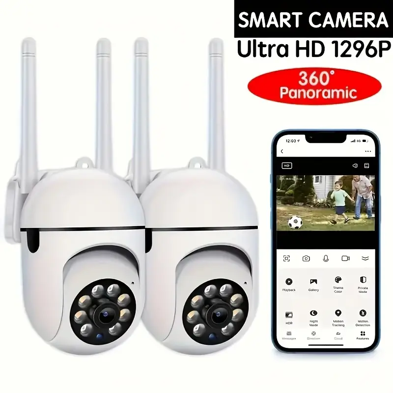 2pcs 5G IP Security Cameras - 3MP HD , 2.4G Long-Range WiFi Connection, Night Vision, App Remote Monitoring, Two-Way Audio, Motion Detection, IP54 Waterproof Rating.
