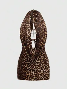 Glamine Grunge Punk Spring/Summer Carnival Party Leopard Sexy Leopard Print Cross Pendant Draped Neck Backless Mini Dress