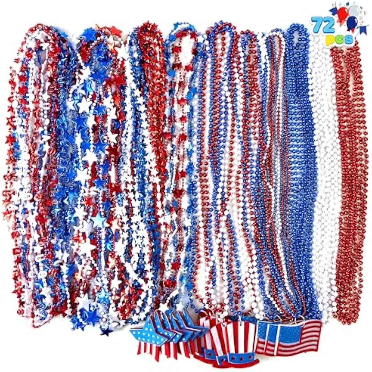 72 Pcs July 4th Patriotic Bead Necklace Assortment Bulk, Red White Blue Beads Star Beaded Necklace With Pendant, Independence Day Parade Bulk, Dress Up Accessory, Memorial Day Party Favor Supply
