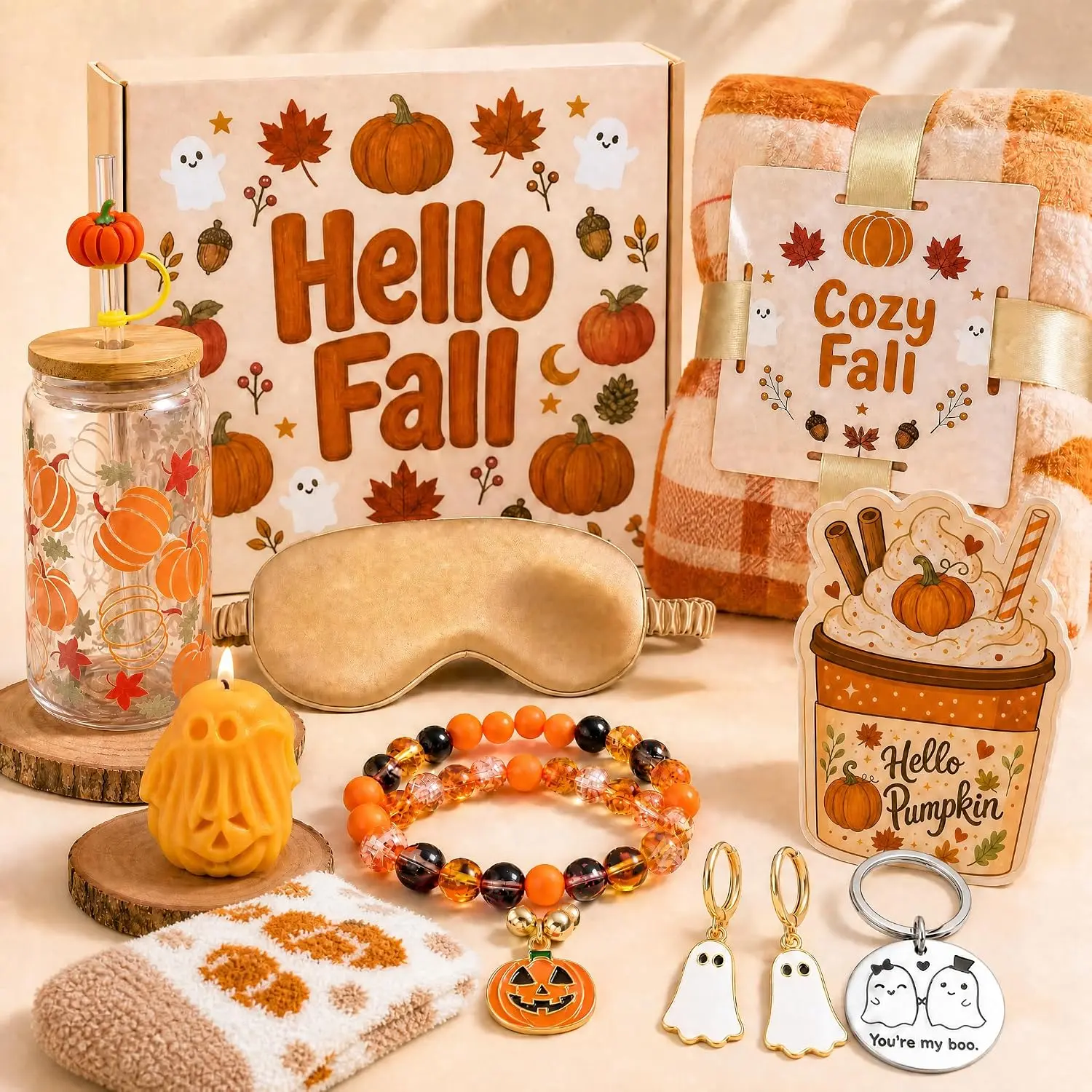 Fall 2026 Halloween Gift for Women and Teen Girls, Pink Boo Basket with Glass Cup, Boo Blanket, Halloween Socks, Cute Fall Gift Box for Mom, Sister, Best Friend, Girlfriend