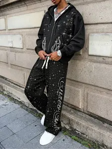 Men's Autumn Winter Trendy Set, All-Over Star Rhinestone Design, Long Sleeves, Fitted, Streetwear, Daily Wear & Party, Street Dance Fashion, Unique Style
