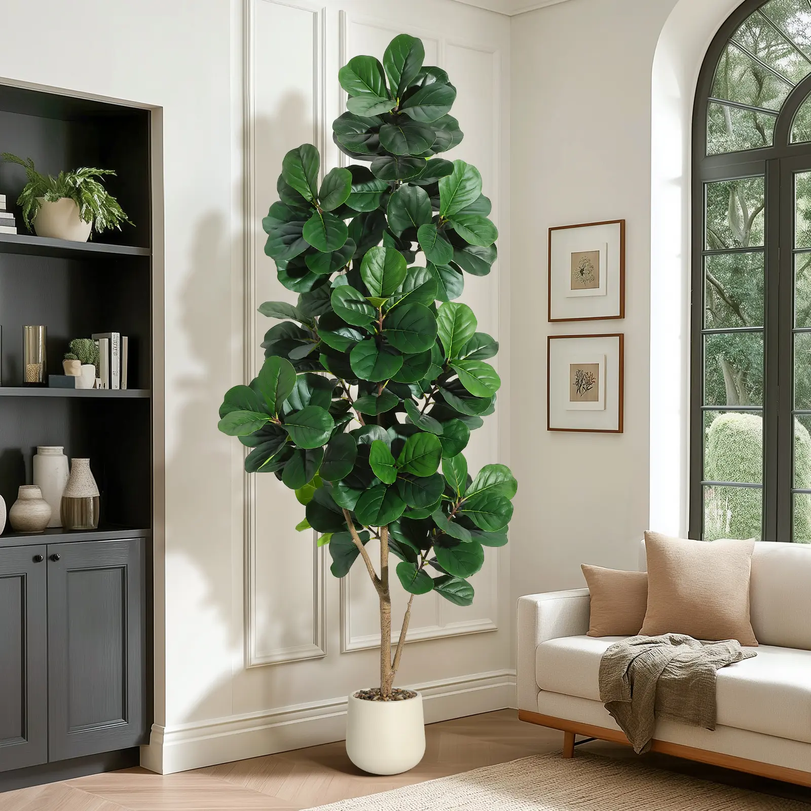7FT Fiddle Leaf Fig Tree Artificial with 141 Leaves - Realistic Faux Ficus Lyrata Trees in 9" White Planter Pot, Indoor Fake Floor Plants for Home Office Living Room Decor, Housewarming Gift Decorative Fruit Matte Minimalist Pack Set,dorm essentials
