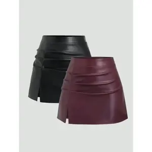 Women’s Elegant Vintage High-Waist Pleated Mini Skirt with Side Slit, Elastic Solid Color for Spring/Summer/Fall, Suitable for Casual to Formal Wear