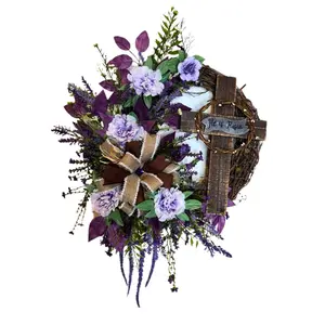 Cross Wreath, Rustic Easter Wreath, Grapevine Cross, Purple Silk Flowers, Cross Purple Wreath, Religious Wreath