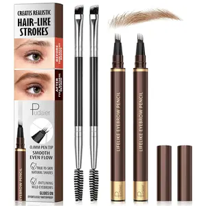 2 Pack 4-Tip Microblading Eyebrow Pen with 2 Brow Brushes, Waterproof Vegan Formula Eyebrow Pencils for Women to Effortlessly Create Natural Hair-Like Strokes, All-Day Wear (Black Brown)