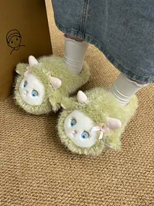 Women's Cute Cartoon Sheep Cotton Slippers, Warm Thick Sole Indoor Home Shoes, Fall & Winter Comfortable Textile Eva Soles