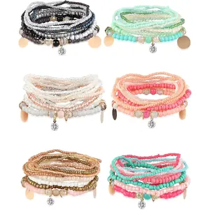 FINREZIO 6 Sets Colorful Trendy Beaded Bracelet Pack for Women Men Miyuki Seed Bead Alloy Charm Layered Bracelets Durable Stackable Hypoallergenic Layered Jewelry Set for Birthday Holiday Bridesmaid