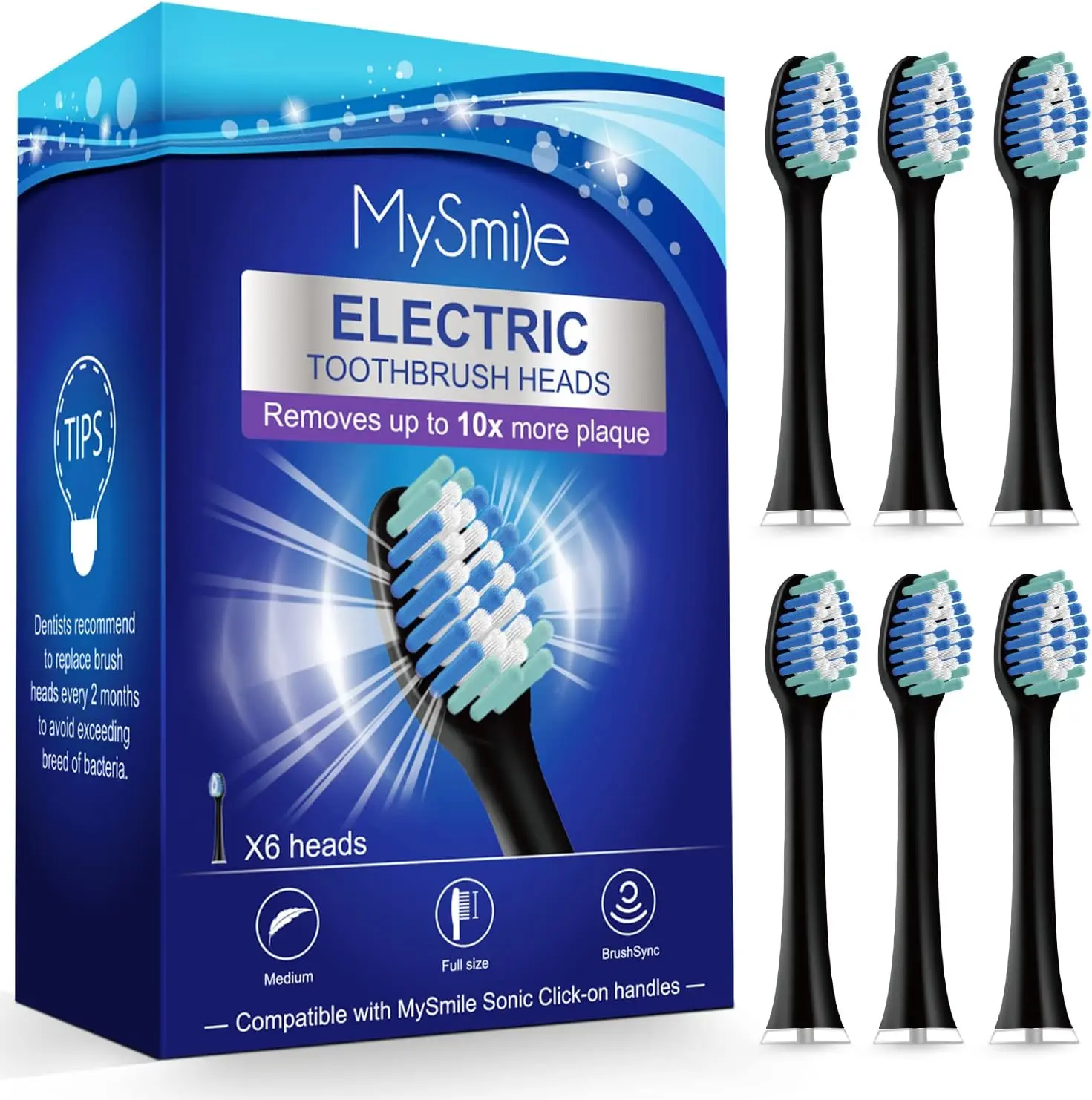 MySmile Elite Electric Toothbrush Replaceable Heads - 6-Pack BK Spinbrush Replacement Heads with Nylon Bristles, Beauty & Personal Care Oral Care Accessories, Replaceable Toothbrush Heads