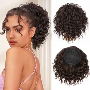 ALXNAN 8-30 inches Wavy Curly Ponytail Extension Brown Drawstring Ponytail for Black Women Short Synthetic Hairpiece Thick for Daily Use