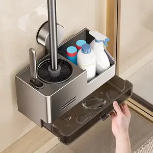 Generic Wall Mounted Toilet Brush Holder with Storage Rack, Grey ABS Plastic, Suction Cup Installation,  Bathroom Organizer