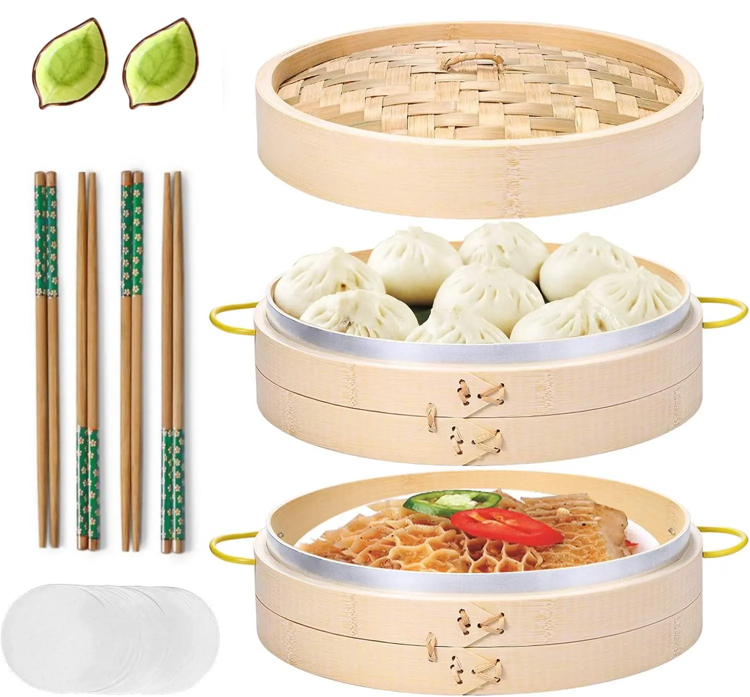 10-Inch Natural Handmade 2-Tier Bamboo Steamer Basket Set with Handle, Kitchen Cooking Tool Kit Including Chopsticks, Ceramic Sauce Dishes, Paper Liners for Steaming Food, Preserves Original Flavor for Dim Sum, Dumplings