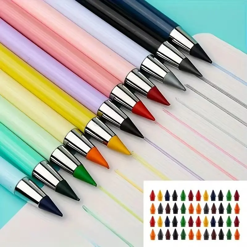 12 Color Pencils with 12 Pencil Tips, 24pcs Set, Never Wear Pencil with Eraser, Permanent Writing, Never Sharpended, Never Fades, Forever Pencil, Art Supplies, School Supplies