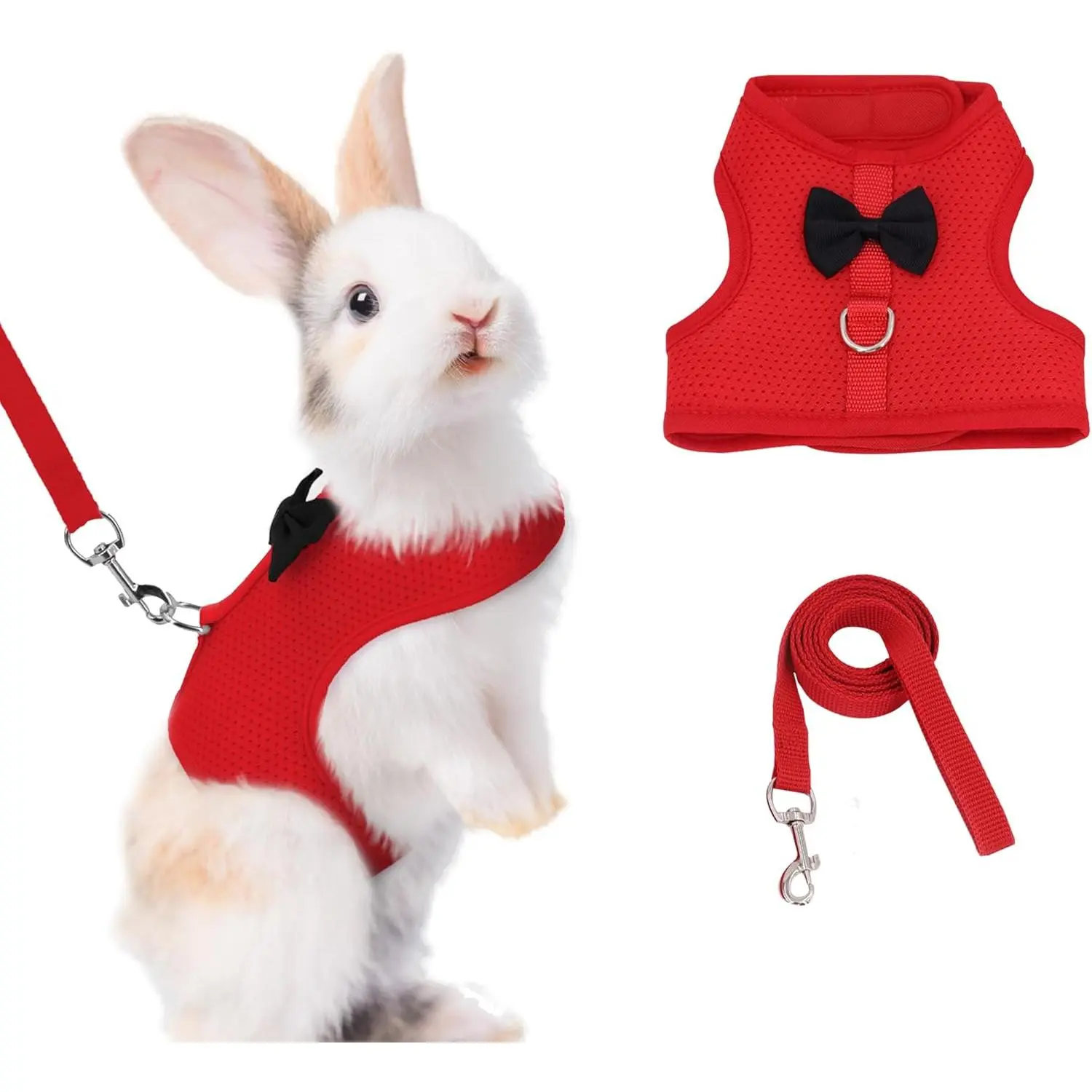 Small Animal Safety Harness and Leash Set - Red S, Christmas Soft Breathable Mesh Vest with Cute Bow, Harness Straps for Rabbits, Kitten Ferret Puppy Walking Supplies, Safety Harnesses