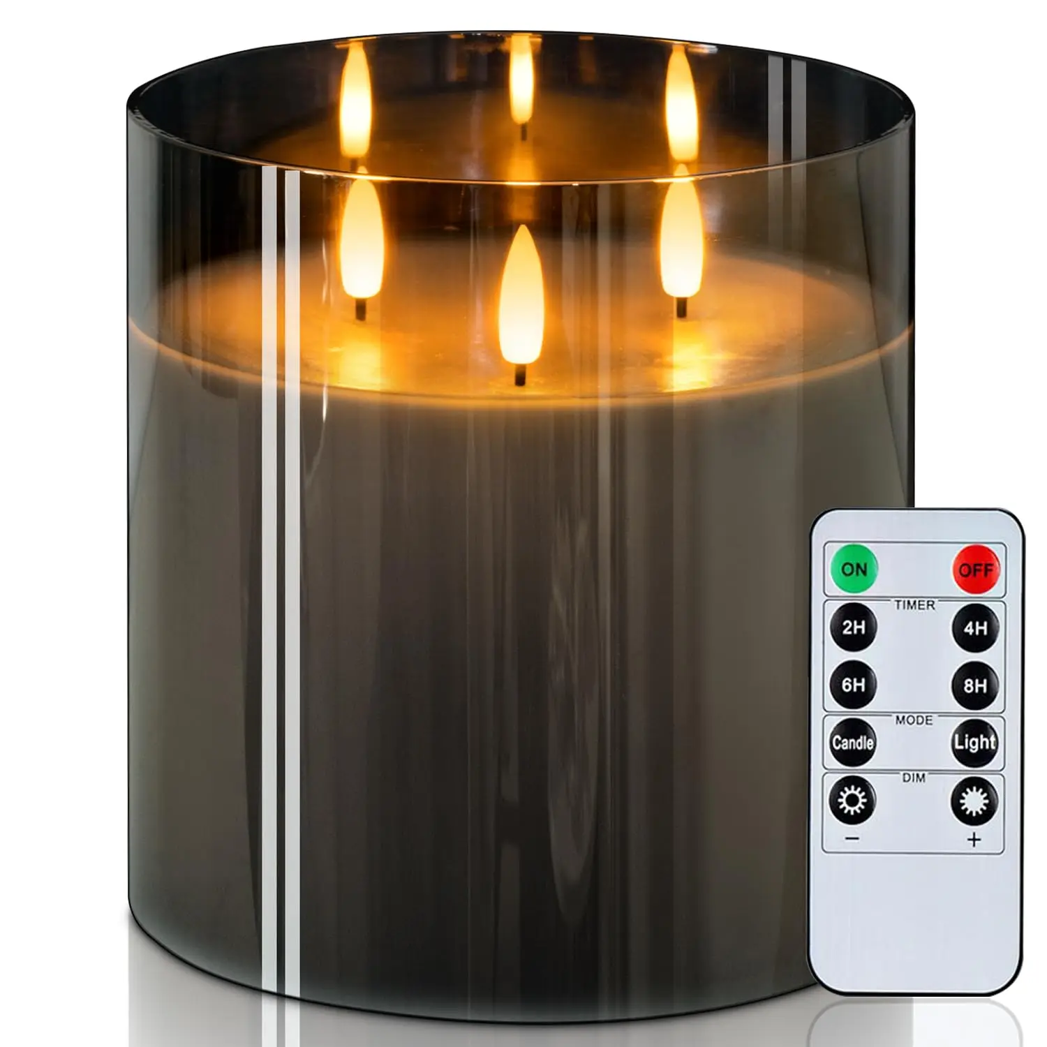 6X6'' Extra Large Flameless Candle with 3 Wicks, Glass LED Pillar Candle, Real Wax Battery Operated Candle with Remote Control and Timer, Grey Home Decor Lighting Ambient Glow Light Back to School Summer Sale Deals