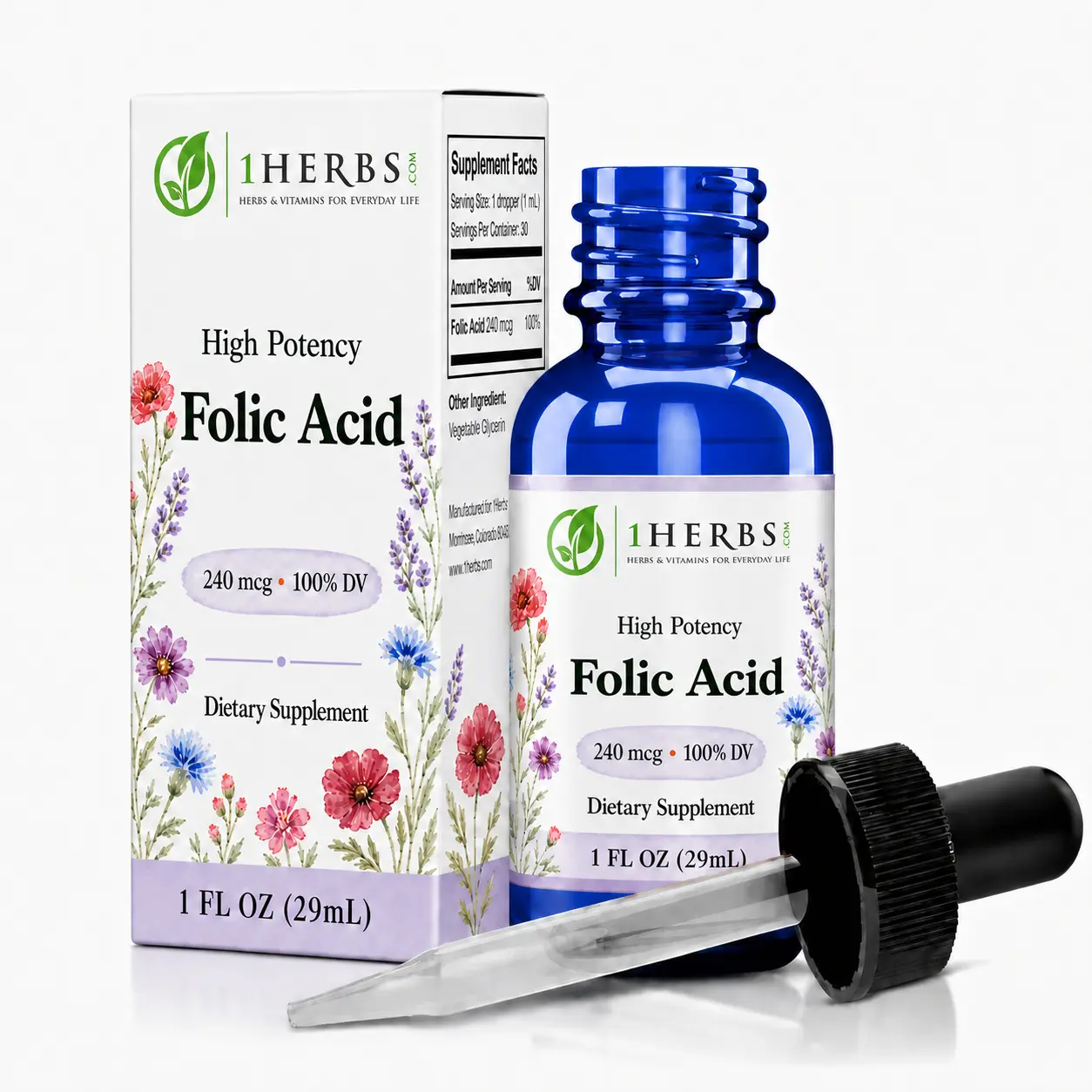 1Herbs Liquid Folic Acid Vitamin B9 Drops - 100% Daily Value, Alcohol-Free Vegan Metabolism Support Supplement, 1 fl oz