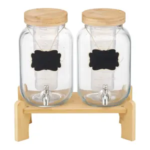 Beverage Dispenser, 2 Pack 1 Gallon Drink Dispensers for Parties, Glass Juice Dispenser with Wood Stand, Stainless Steel Spigot, Infuser, Iced Tea Lemonade Juice Water Dispensers for Parties