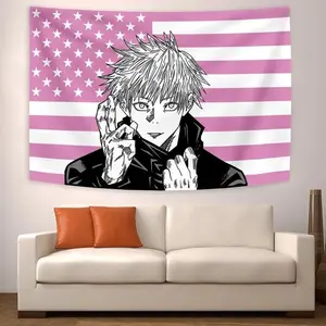 Pink Flag Decorating Wall Tapestry Home Bedroom Anime, Gojo Satoru American Flag, Trendy Room Tapestry, anime tapestries, Cotton Decorative