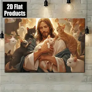 Vintage Art Decorative Painting <Christ with the Cat>, High-Definition Canvas Decorative Painting 11.8* 15.7inch  with Wooden Framing - Modern Home Decoration, Can Be Directly Hung in Living Room, Bedroom, Perfect Mother's Day Gift for Cat Lovers