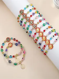 12PCS San Benito Bracelets Colorful Evil Eye Beads Elastic thread Catholicism Saint Benedict Medal Pendant Handmade Bracelet Charm Bracelets Bracelets Jewelry