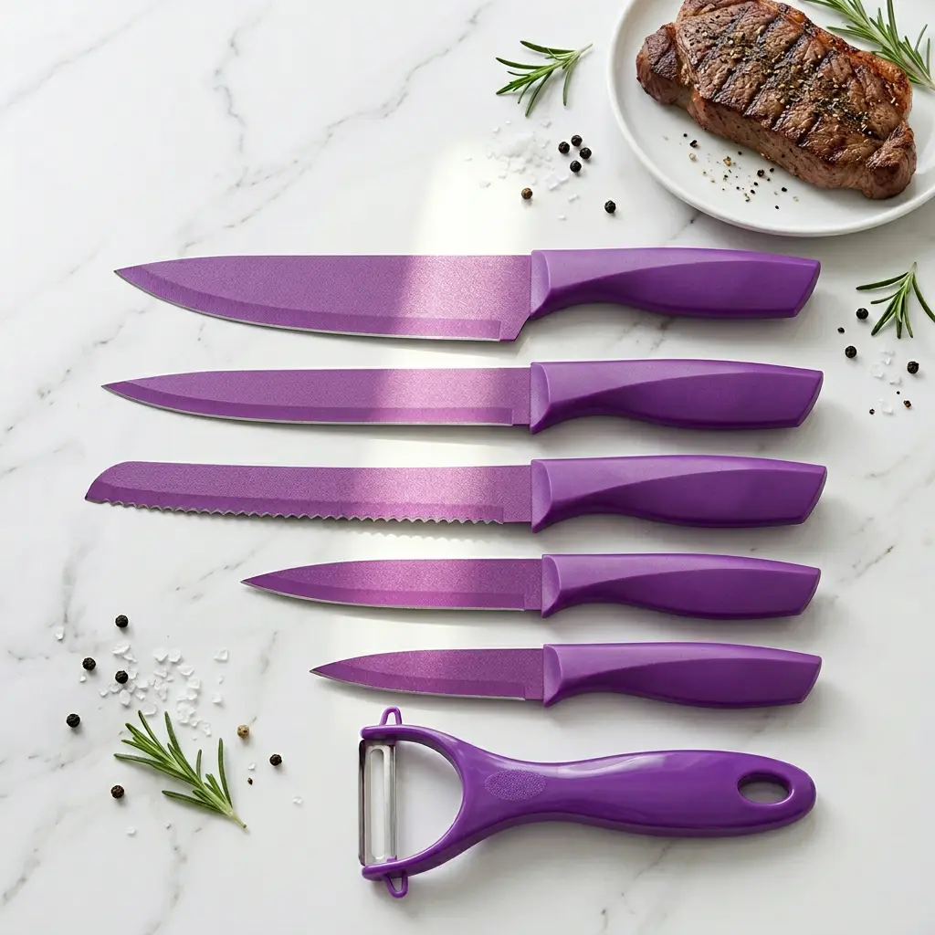 Purple 6-Piece Knives Kitchen Set with Peeler, Multi-Size Sharp Blades, Ergonomic Hand-Fit Non-Slip Handles, Effortless Slicing for Bread, Vegetables, Ideal for Daily Cooking Meal Prep