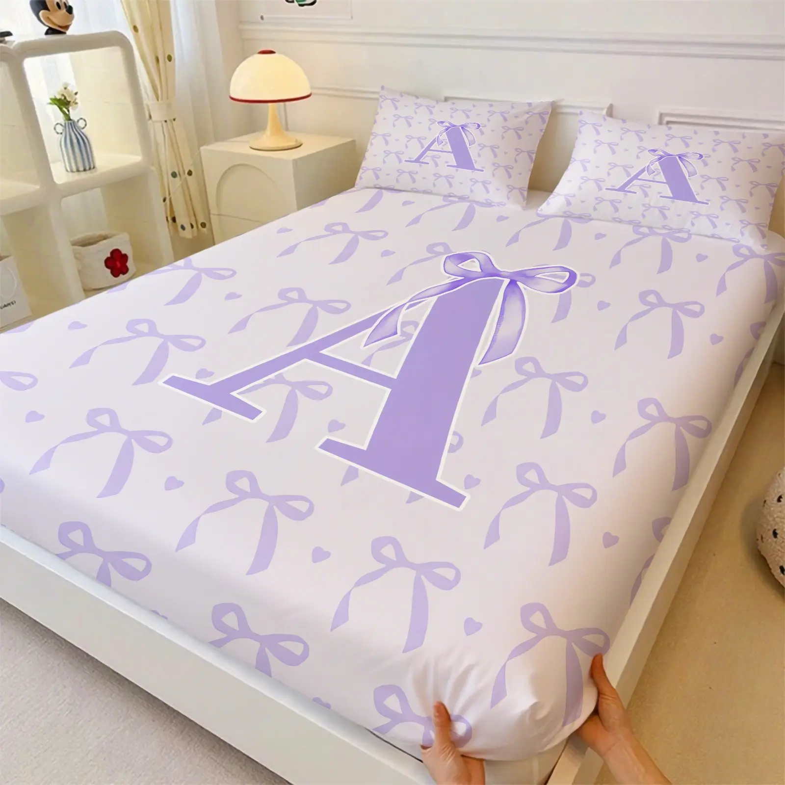 Lavender Coquette Bow Letter Print Bedding Set, Complete Sheet Set, Includes Deep Pocket Sheet and 2 Pillowcases, Perfect for Girls' Bedroom, Ideal Birthday Gift