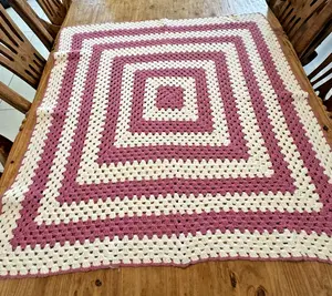 Vtg Afghan Crocheted Block Square Retro HoBo Hippie Throw Blanket 40” x 42" Pink